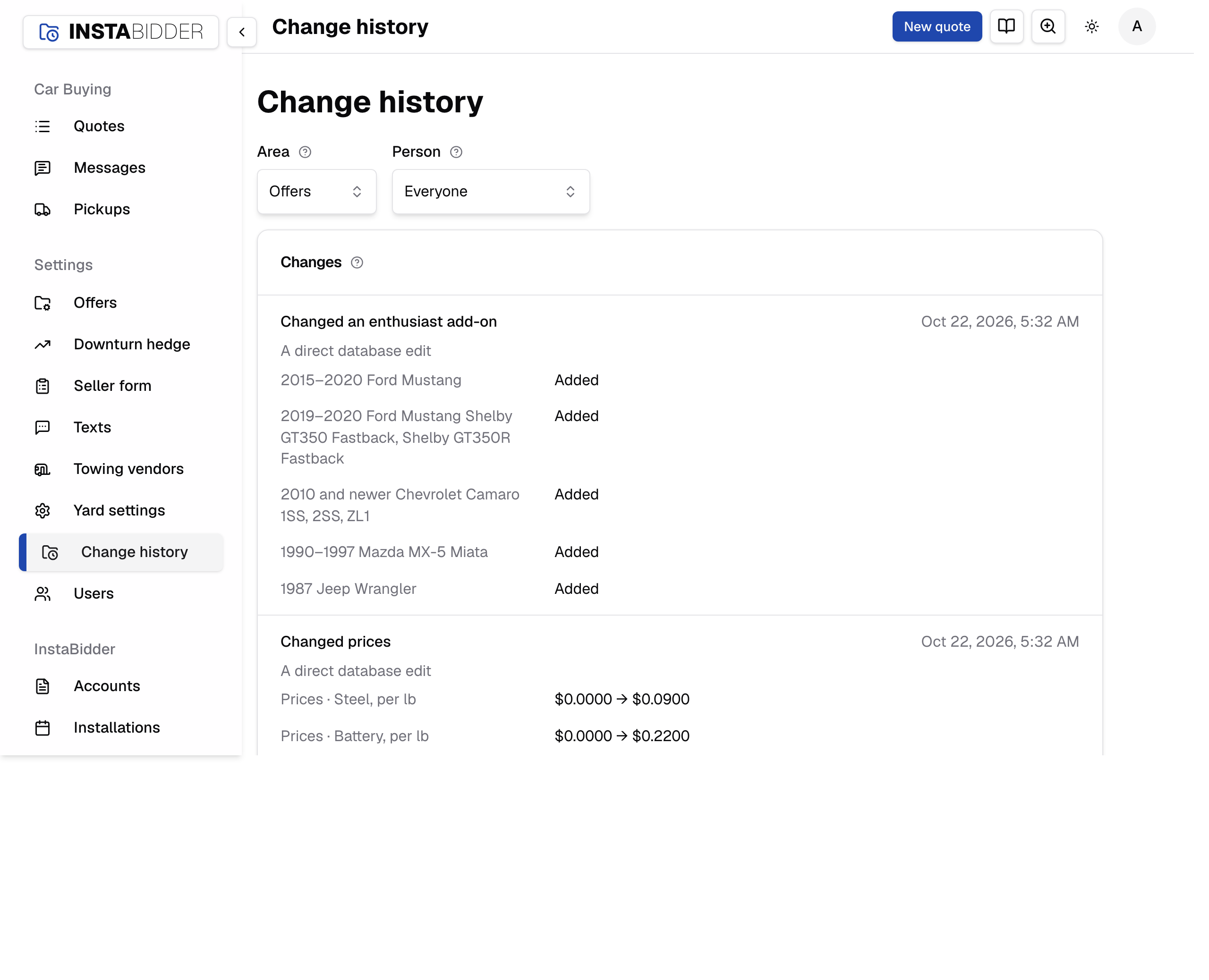 Change history narrowed to Offers