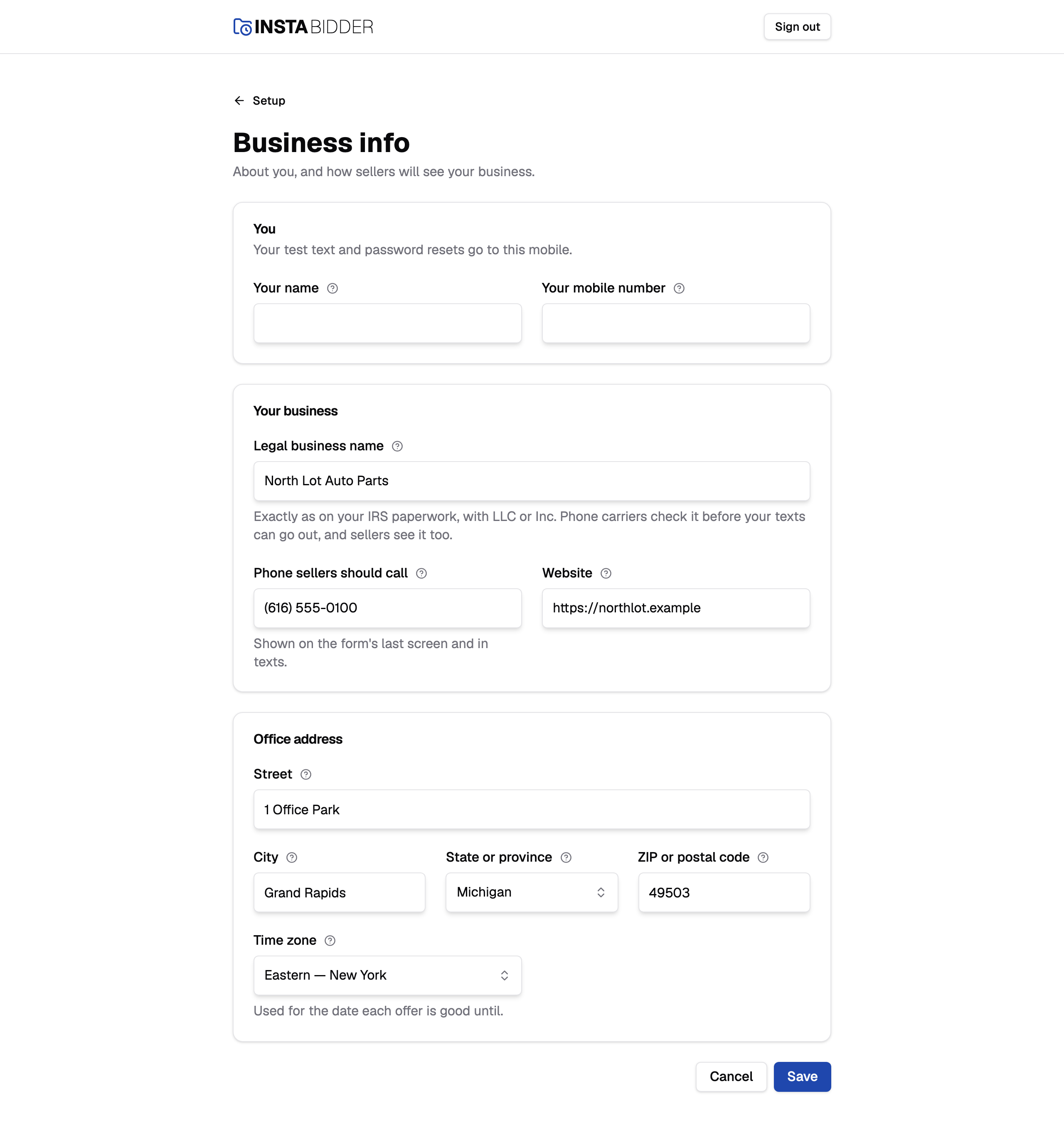 The Business info step