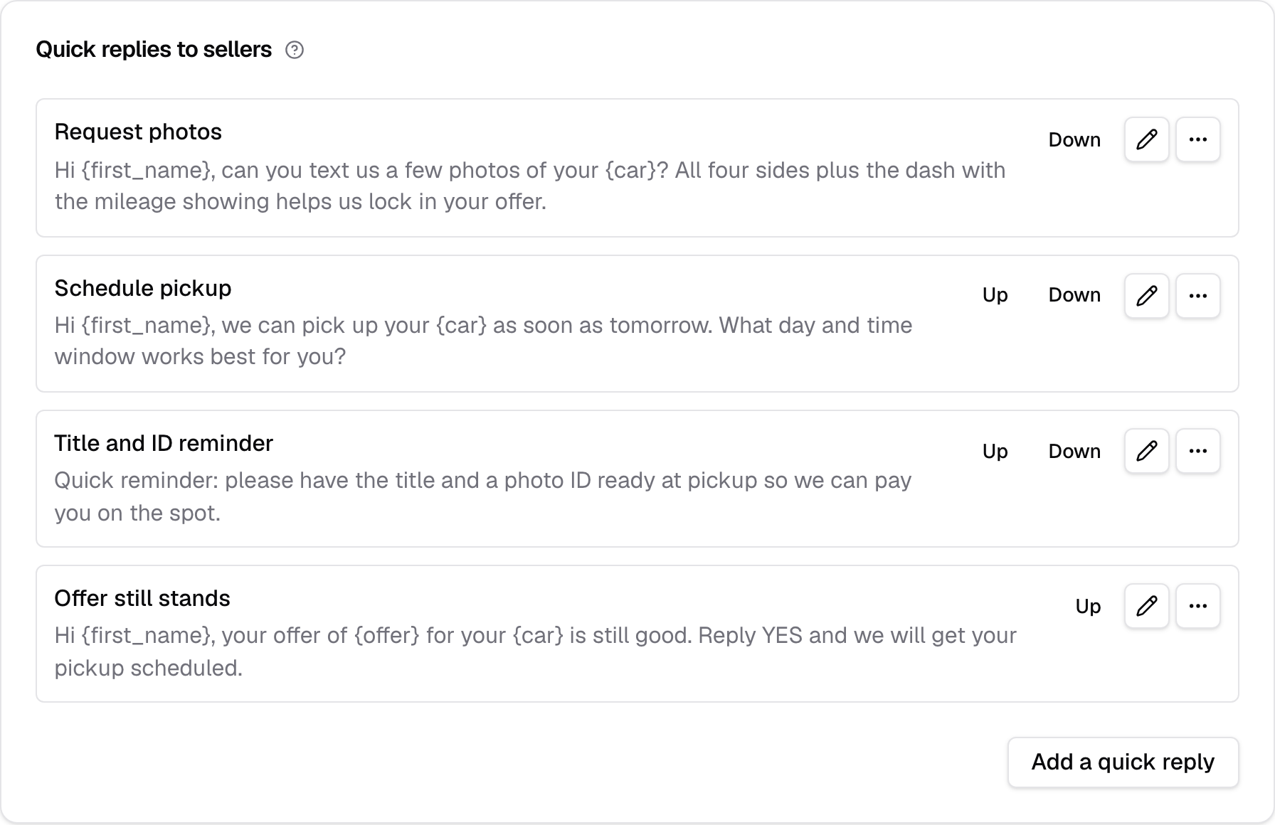 The Quick replies to sellers card